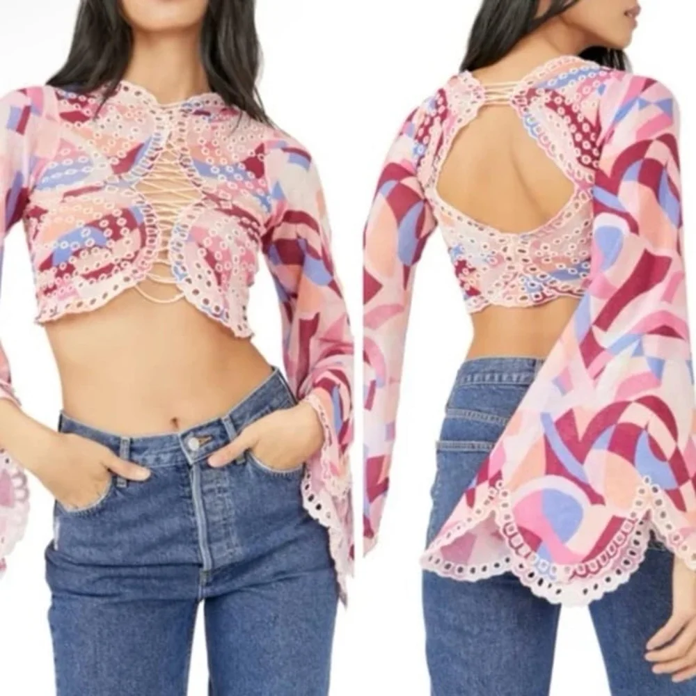 New Free People 'Eyes On You' Confetti Eyelet Mesh Cropped Bell Sleeve Top Small